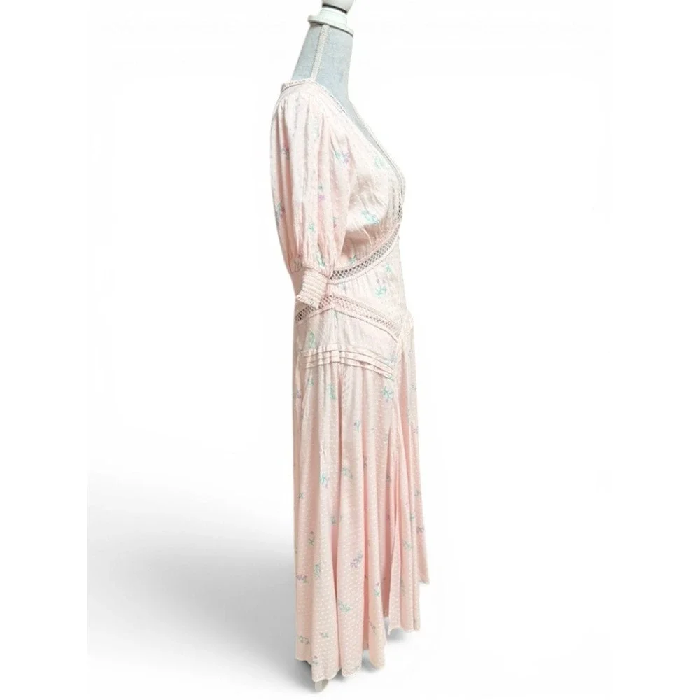 Free People Dress Women 6 Pink Still In Love Floral Maxi Boho Coquette Cottage‎